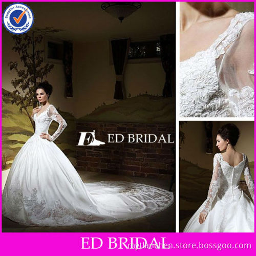 Ball Gown V-neck Long Sleeves Satin Wedding Dresses with Long Trains